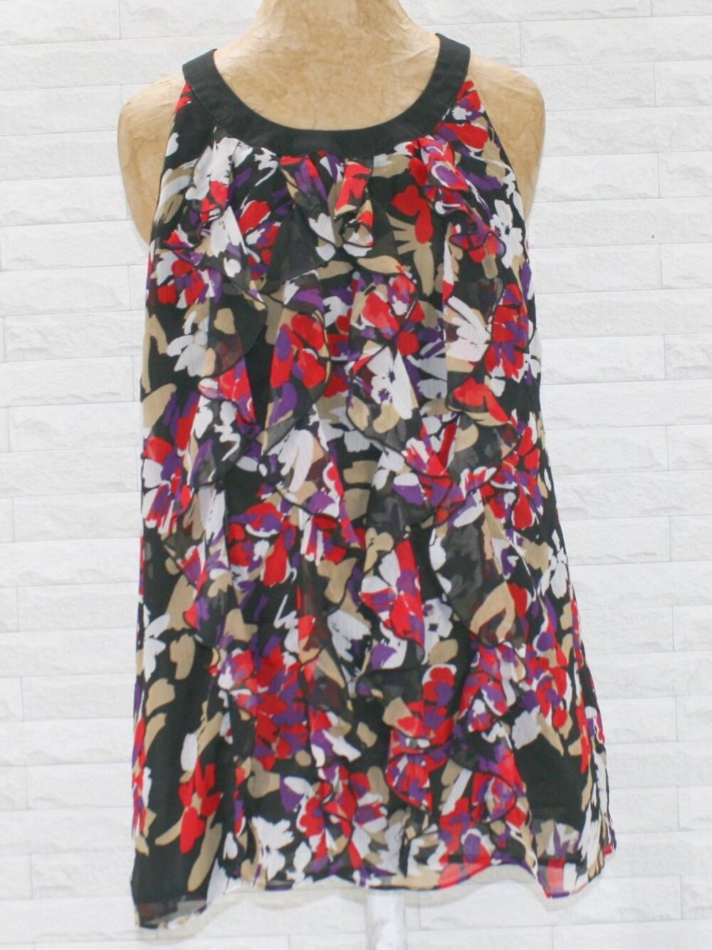 NICOLE Top Vertical Ruffle Sleeveless Abstract Floral Halter Chiffon Black XL